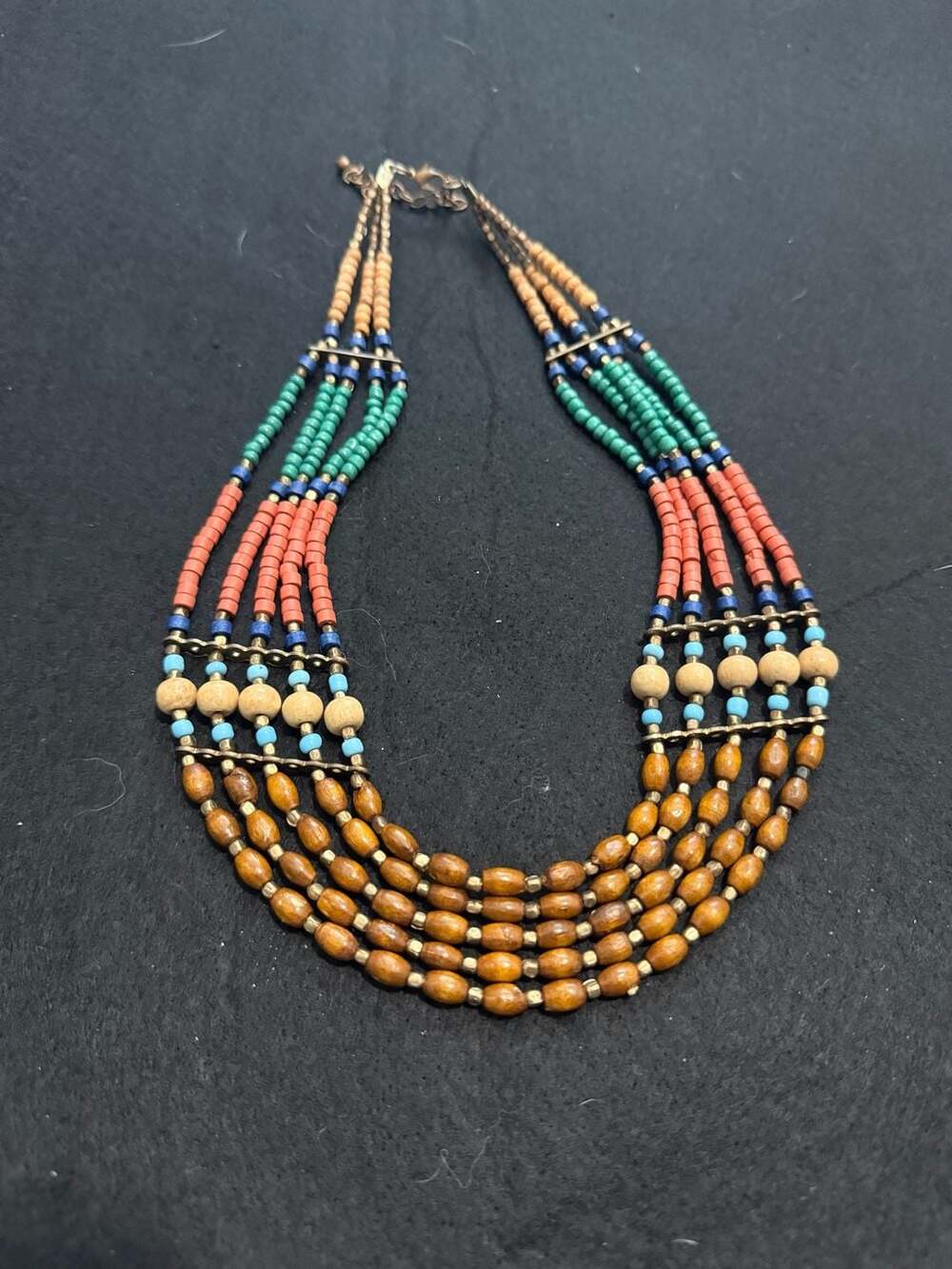 Multi-Layered Multi-Colored Wood And Seed Bead Statement Necklace With Brass Spa